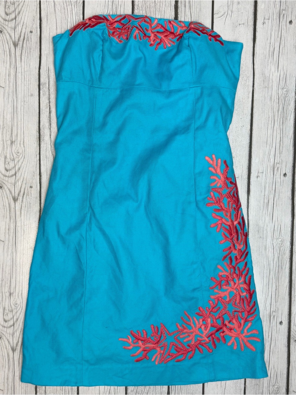 Lilly Pulitzer Women's 4 Bowen Strapless Turquoise Sheath Dress Coral Embroidery